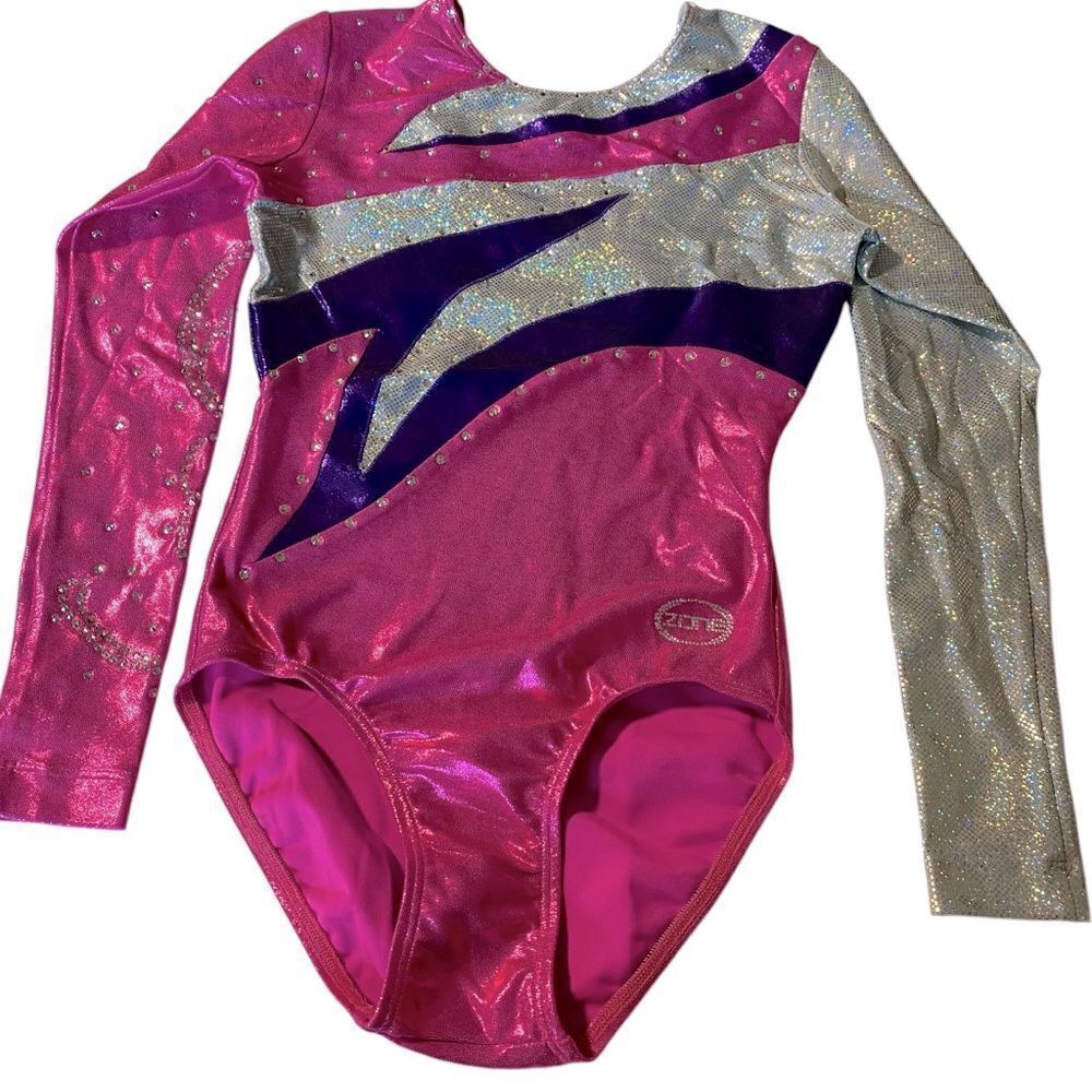 Ozone gymnastics pink foil competition long sleeve custom leotard rhinestone SA